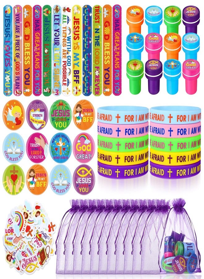 Silipull 110 Pieces Jesus Party Favors for Kids, Bible Verse Slap Bracelets Stickers Stampers Rubber Bracelets Gift Bags Button Pins for Christian Religious Inspirational Christmas Party Gifts - Image 1